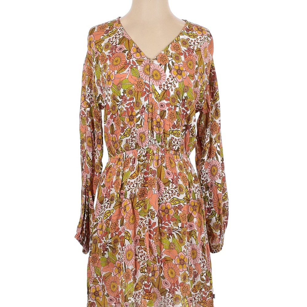 Sisstrevolution Boho LS Mini Dress, Size M, Peach/Yellow/Green RetroFloral Print